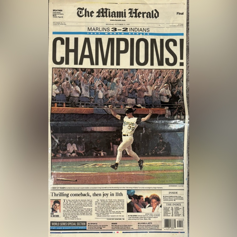 Sun Sentinel October 27,1997 front cover Florida marlins World Series champions